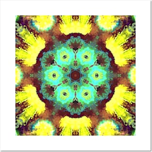 Psychedelic Hippie Flower Green and Yellow Posters and Art